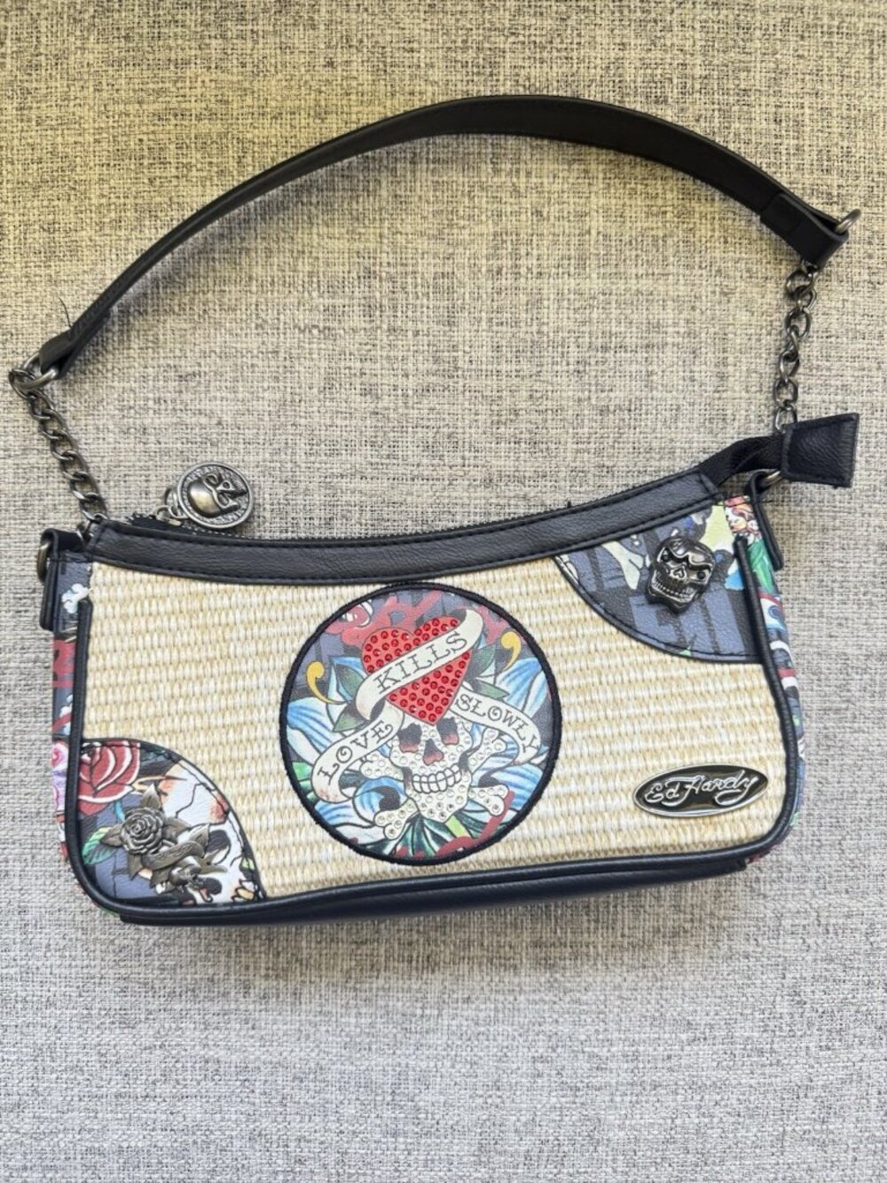 Ed Hardy Love Kills Slowly Straw Shoulder Bag Tattoo Motif Mini Skull y2k
